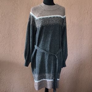 Lucky Sweater Dress Fair Isle Brown Gray White Knit Long Sleeve Belted Casual L